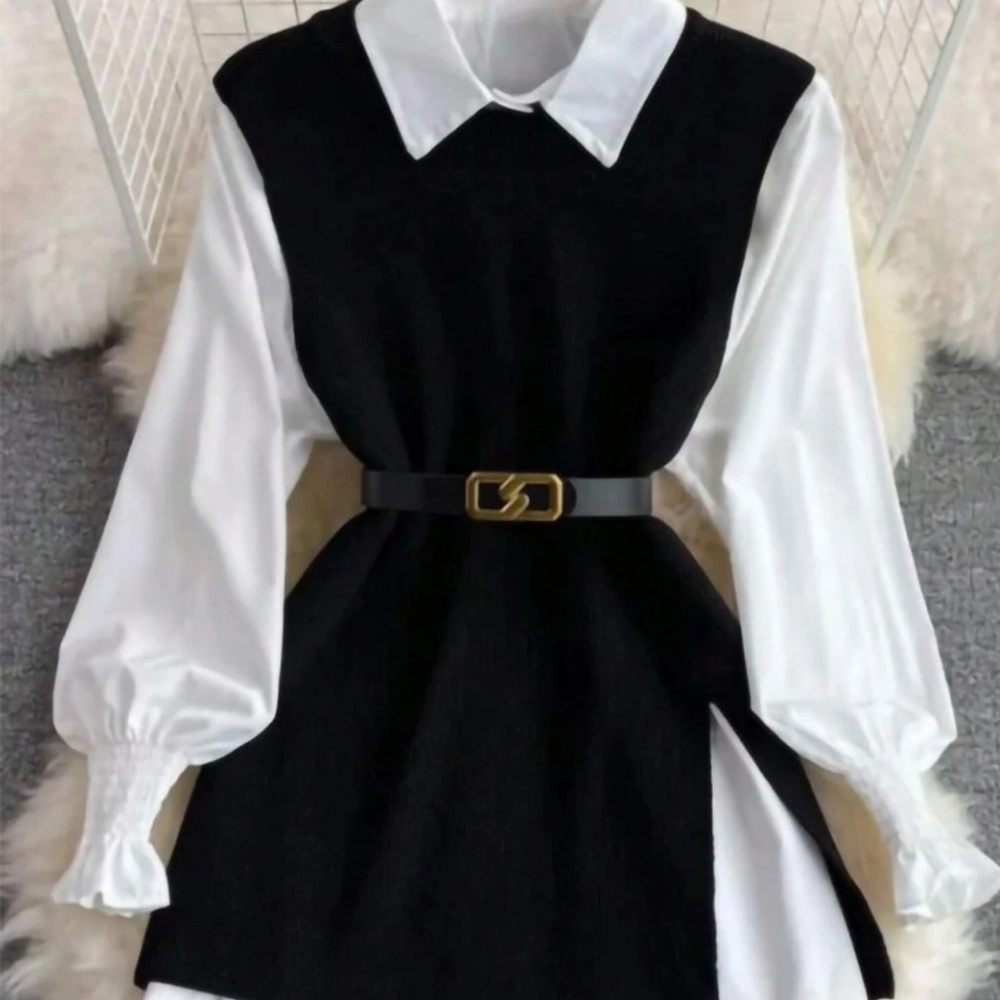 Black Sheath Dress with Bishop Sleeves and Peter Pan Collar